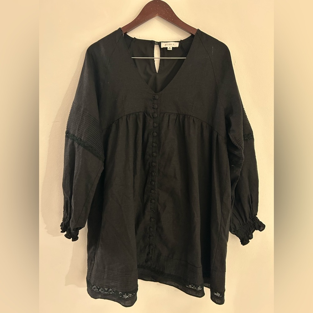 Mable Black Button-Front Boho Dress Size M Cottagecore Romantic Linen Blend